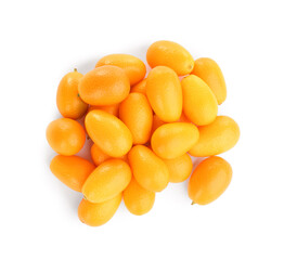 Fresh ripe kumquats on white background, top view. Exotic fruit