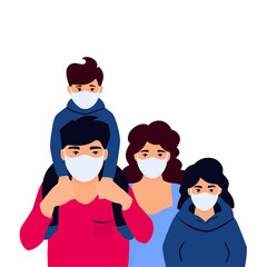 Family Vaccination banner. Time to vaccinate. Vaccine for coronavirus COVID-19. Immunization campaign concept. Father and mother with children in protective masks
