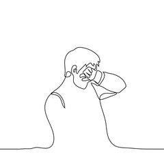 man crying - one line drawing. concept man wipes sweat from his forehead or tears, guy closes his eyes