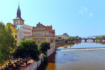 Czech Republic, Prague ,June 25,2016 :The Museum of Czech Composer Bedrich Smetana by the River Vltava, Prague, seen from the Charles Bridge. dedicated to the famous composer, 