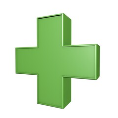 Green plus sign. Isolated. 3D rendering. Pharmacy sign.