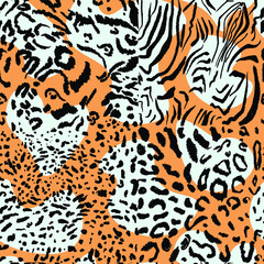 Seamless abstraction illustration. Tiger cheetah texture with African style abstraction for printing packaging, cards, designers, clothes, interior, icon, logo