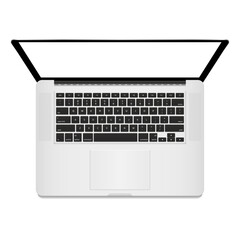 Realistic Silver Laptop Computer. Top down view, Keyboard, blank screen. Laptop isolated on white background. Vector Illustration EPS 10