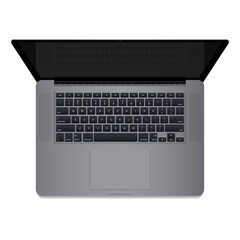 Realistic Space Gray Laptop Computer, Top down view, Keyboard, reflection on the screen. Laptop isolated on white background. Vector Illustration EPS 10