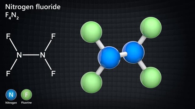 Nitrogen fluoride (dinitrogen tetrafluoride or tetrafluorohydrazine). Formula: F4N2. 3D render. Seamless loop. Chemical structure model: Ball and Stick.