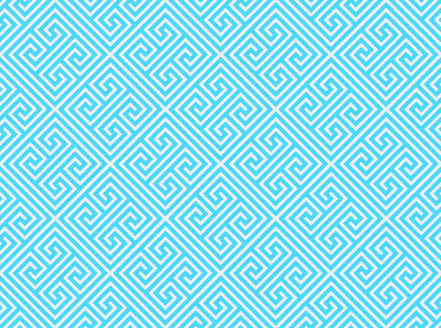 Diagonal Greek Key style repeating pattern in turquoise blue on a light gray background, geometric vector illustration