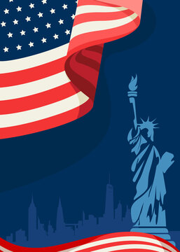 Poster with flag and Statue of Liberty. Concept art of US public holiday.