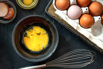 Beaten egg yolks in a bowl on a dark background