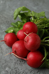 Fresh radish on gray textured background, close up