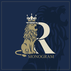 Letter R with Roaring Lion. Artistic Design. Crown is at the Top. Creative Logo with Royal Character. Luxury Style. Silhouette of a Wild Beast on the Background. Animal Emblem. Vector Illustration