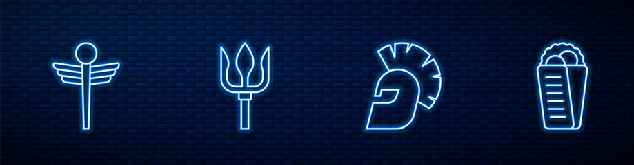 Set line Greek helmet, Caduceus snake medical, Neptune Trident and Gyros Pita. Glowing neon icon on brick wall. Vector