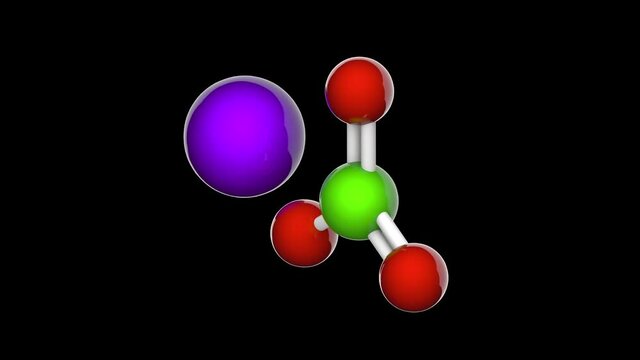 Potassium chlorate (KClO3 or ClKO3). It is used as a disinfectant, in explosives and fireworks. 3D render. Seamless loop. Chemical structure model: Ball and Stick. RGB + Alpha (Transparent) channel.
