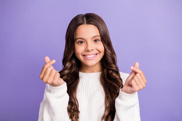 Portrait of young happy smiling cheerful good mood cute girl asking money isolated on violet color background