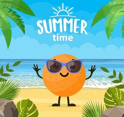 Funny summer banner with fruit characters.