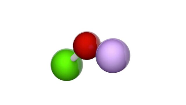 Lithium hypochlorite (Molecular formula LiClO or ClLiO). 3D render. Seamless loop. Chemical structure model: Ball and Stick. White background.
