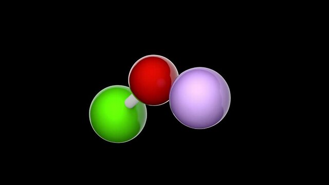 Lithium hypochlorite (Molecular formula LiClO or ClLiO). 3D render. Seamless loop. Chemical structure model: Ball and Stick. RGB + Alpha (Transparent) channel.