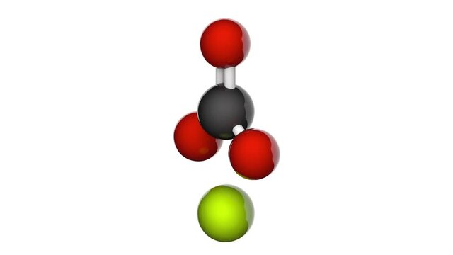 Magnesium carbonate, MgCO3 (magnesia alba), is an inorganic salt. 3D render. Seamless loop. Chemical structure model: Ball and Stick. White background.
