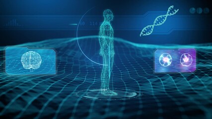 3D animation of low poly rotating male body and brain data analysis in blue background. Futuristic medical technology concept. - Powered by Adobe