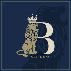 Letter B with Roaring Lion. Artistic Design. Crown is at the Top. Creative Logo with Royal Character. Luxury Style. Silhouette of a Wild Beast on the Background. Animal Emblem. Vector Illustration