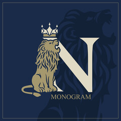 Letter N with Roaring Lion. Artistic Design. Crown is at the Top. Creative Logo with Royal Character. Luxury Style. Silhouette of a Wild Beast on the Background. Animal Emblem. Vector Illustration