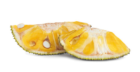 Slices of delicious exotic jackfruit on white background