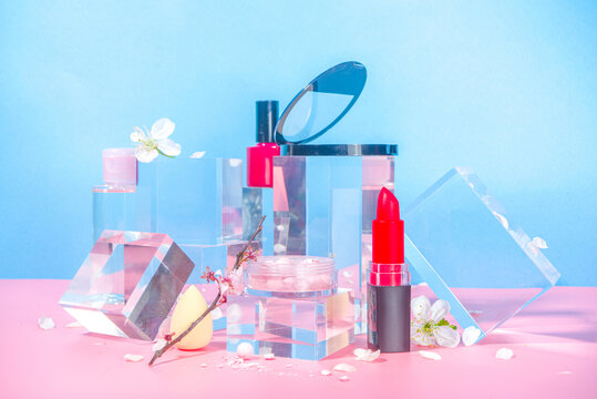 Make up cosmetics on glass pedestals