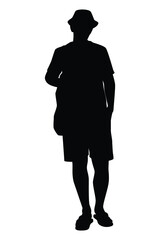 Standing young man with hat and handbag silhouette vector on white background