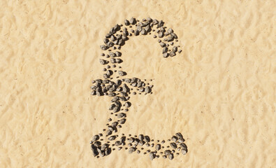 Concept or conceptual stones on beach sand handmade symbol shape, golden sandy background, sign of British pound. sign 3d illustration metaphor for education, nature, sunny and tropical, summer