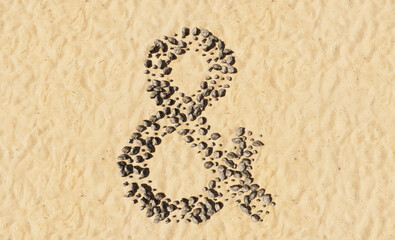 Concept or conceptual stones on beach sand handmade symbol shape, golden sandy background, sign of ampersand. 3d illustration metaphor for education, nature, sunny and tropical, summer