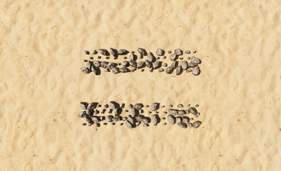 Concept or conceptual stones on beach sand handmade symbol shape, golden sandy background, equal sign. 3d illustration metaphor for education, nature, sunny and tropical, summer