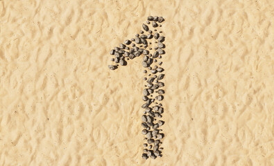 Concept or conceptual stones on beach sand handmade symbol shape, golden sandy background, sign of 1. 3d illustration metaphor for education, nature, summer, sunny, seaside and tropical