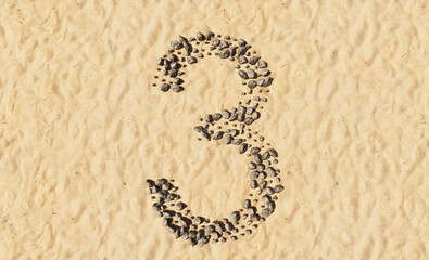 Concept or conceptual stones on beach sand handmade symbol shape, golden sandy background, sign of 3. 3d illustration metaphor for education, nature, summer, sunny, seaside and tropical