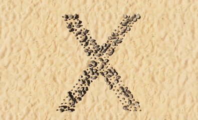 Concept or conceptual stones on beach sand handmade symbol shape, golden sandy background, sign of X. 3d illustration metaphor for education, nature, summer, sunny, seaside and tropical