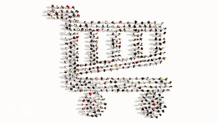 Concept conceptual large community of people forming the shopping cart icon. 3d illustration metaphor for communication, connection, encryption, security, privacy and technology