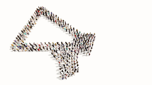Concept conceptual large community of people forming the megaphone icon. 3d illustration metaphor for communication, audio announcement, broadcast, warning and marketing