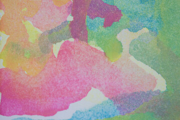 Hand drawn watercolor painting. Abstract art background. Spot paint pink, yellow, green, blue, orange. Textured illustration for grunge design, vintage card, retro templates