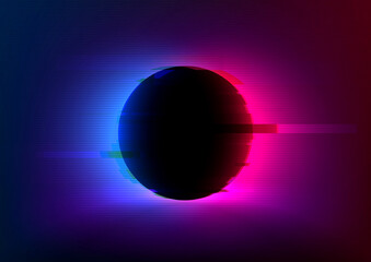VHS glitch effect background with vivid neon blue pink light behind the black circle. Eclipse...