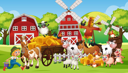 Obraz na płótnie Canvas Farm scene with many farm animals