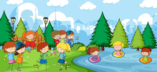 Park scene with many kids doodle cartoon character