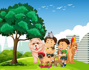 Group of pet with owner in the park scene