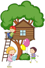 Tree house with many kids doing different activities