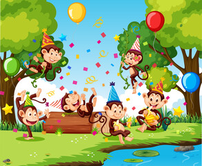 Obraz na płótnie Canvas Monkey group in party theme cartoon character on forest background