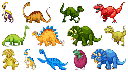 Different dinosaurs cartoon character and fantasy dragons isolated