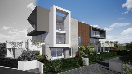 Modellazione 3D edificio residenziale colore e bianco/nero