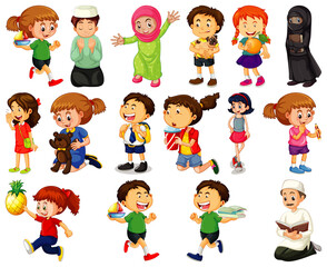 Children doing different activities cartoon character set on white background