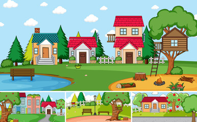 Fototapeta na wymiar Set of different outdoor house scenes cartoon style