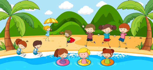 Obraz na płótnie Canvas Outdoor scene with many kids playing at the beach