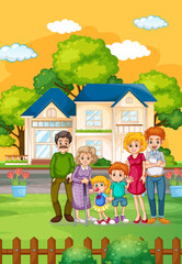 Obraz na płótnie Canvas Happy family standing outside home