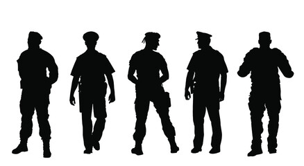 Policeman officer on duty vector silhouette isolated on white background. Police man in uniform in patrol on street.  Security service member protect people. Law and order. Against terrorism unit. - obrazy, fototapety, plakaty