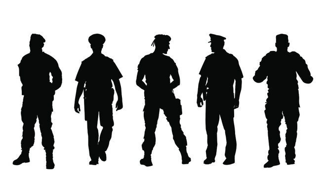 Policeman officer on duty vector silhouette isolated on white background. Police man in uniform in patrol on street.  Security service member protect people. Law and order. Against terrorism unit.